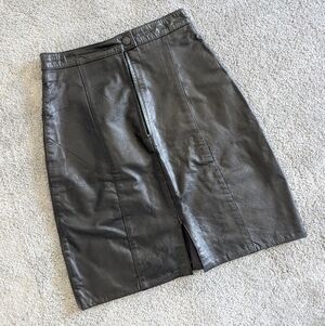 Vintage Genuine Leather Pencil Skirt with Front Slit